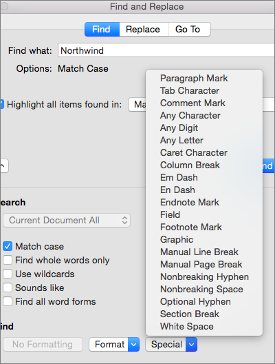 where is find and replace on word for mac